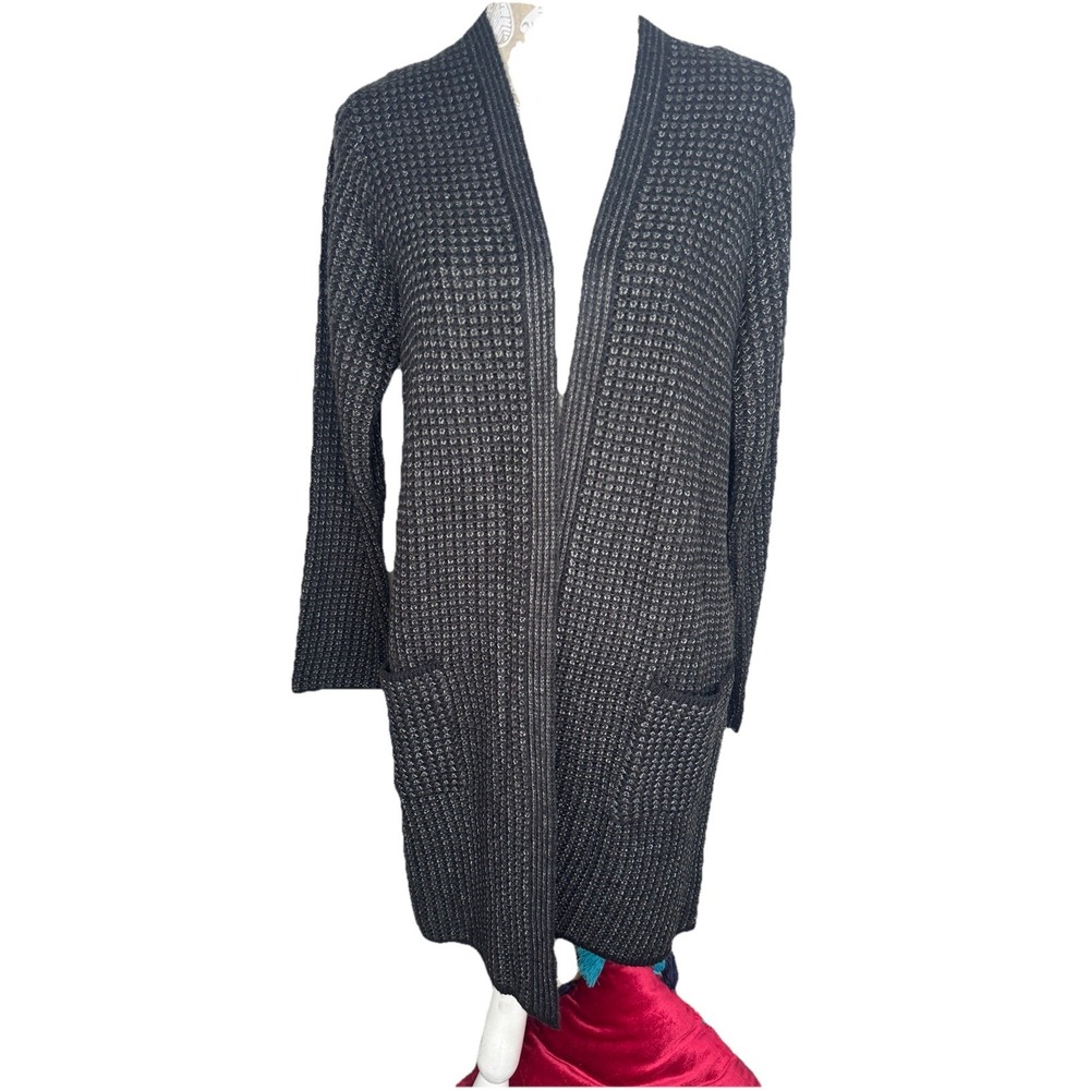 Fortune + Ivy Sweater L Waffle Knit Open Front Long Cardigan‎ Pockets Black Grey